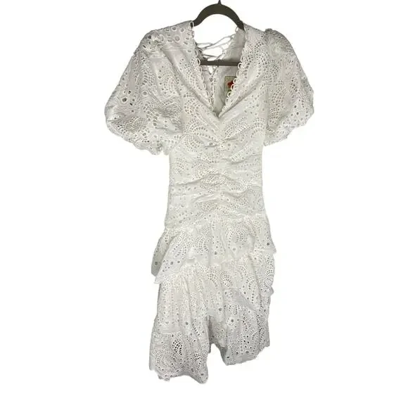 Farm Rio 100% Cotton Eyelet Midi Dress Puff Sleeve Tiered Cottage Farm Summer S - Picture 10 of 12